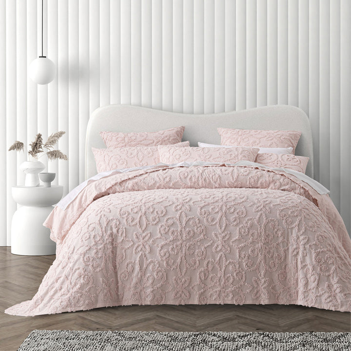 Ella Blush Cotton Chenille Floral Bedspread Set – Textured Motif | Polyester Fill | 3-Piece | King - Greenora Living