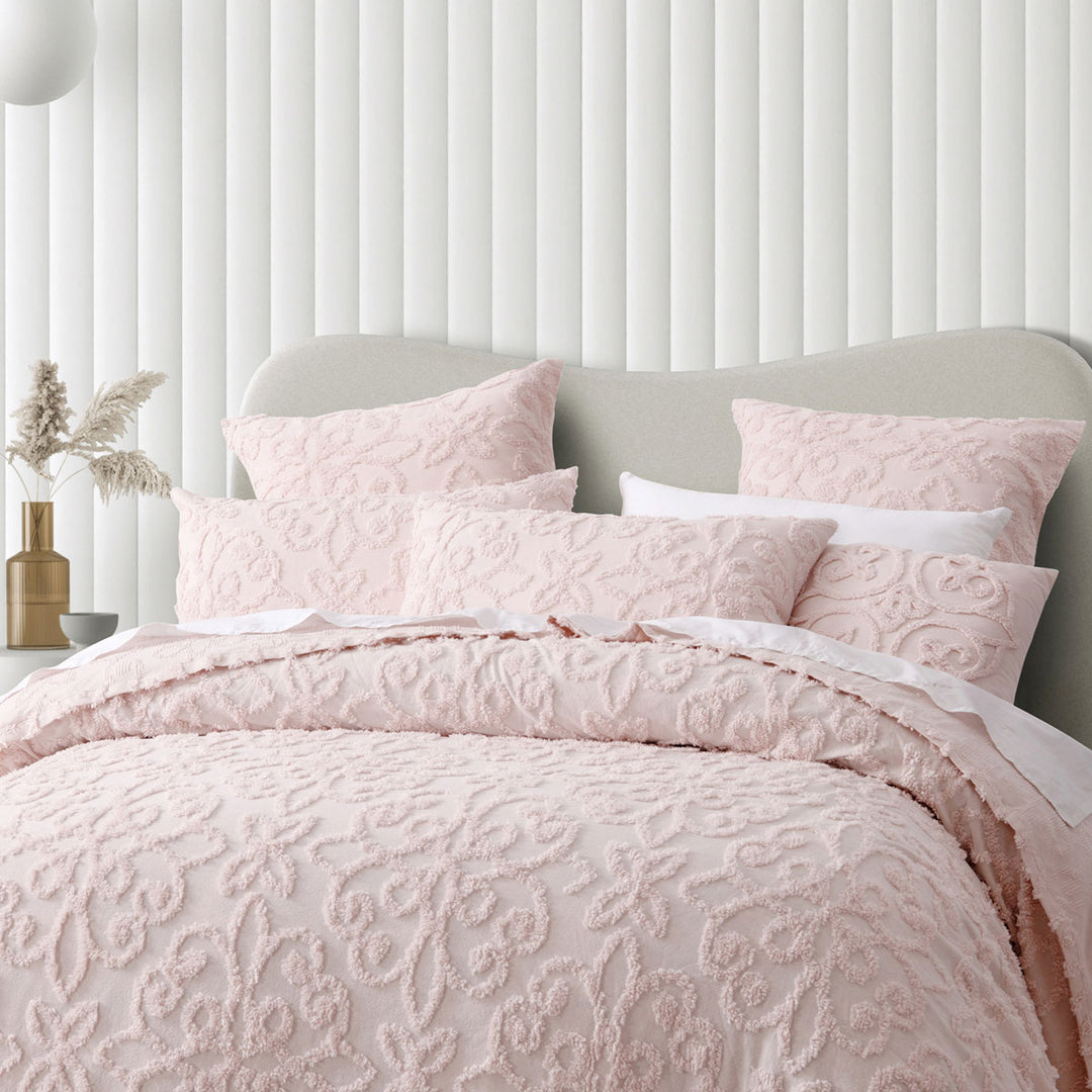 Ella Blush Cotton Chenille Floral Bedspread Set – Textured Motif | Polyester Fill | 3-Piece | King - Greenora Living