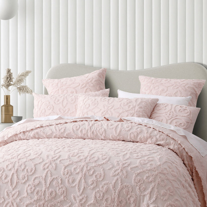 Ella Blush Cotton Chenille Floral Bedspread Set – Textured Motif | Polyester Fill | 3-Piece | King - Greenora Living