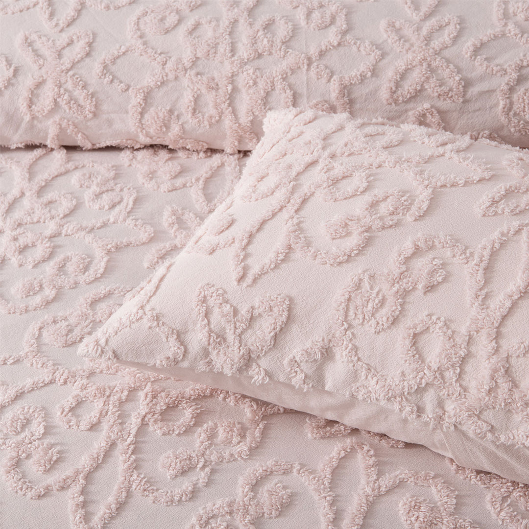 Ella Blush Cotton Chenille Floral Bedspread Set – Textured Motif | Polyester Fill | 3-Piece | King - Greenora Living