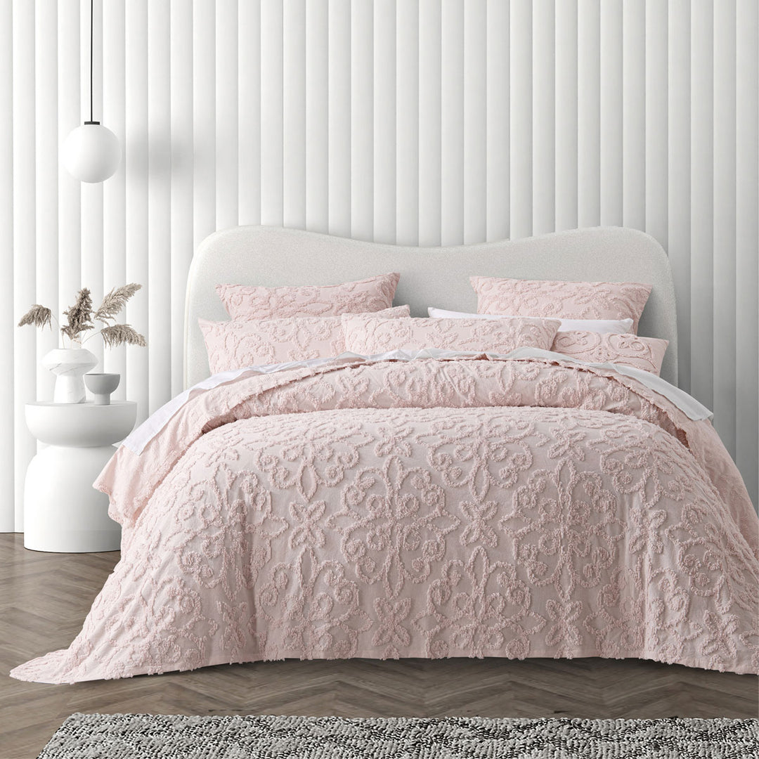 Ella Blush Cotton Chenille Floral Bedspread Set – Textured Motif | Polyester Fill | 3-Piece | Super King - Greenora Living