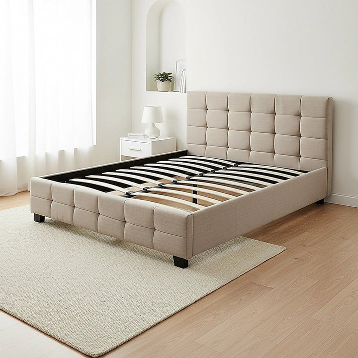 Haven Beige Queen Bed Frame | Button Tufted Linen Headboard &amp; Solid Wood | Greenora Living Australia