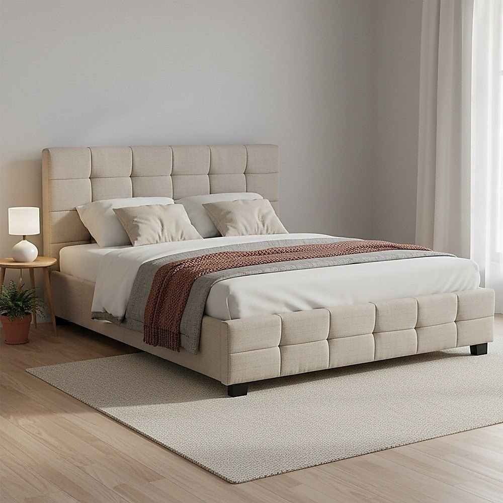 Haven Beige Queen Bed Frame | Button Tufted Linen Headboard & Solid Wood | Greenora Living Australia
