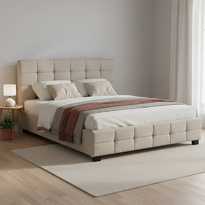 Haven Beige Queen Bed Frame | Button Tufted Linen Headboard &amp; Solid Wood | Greenora Living Australia