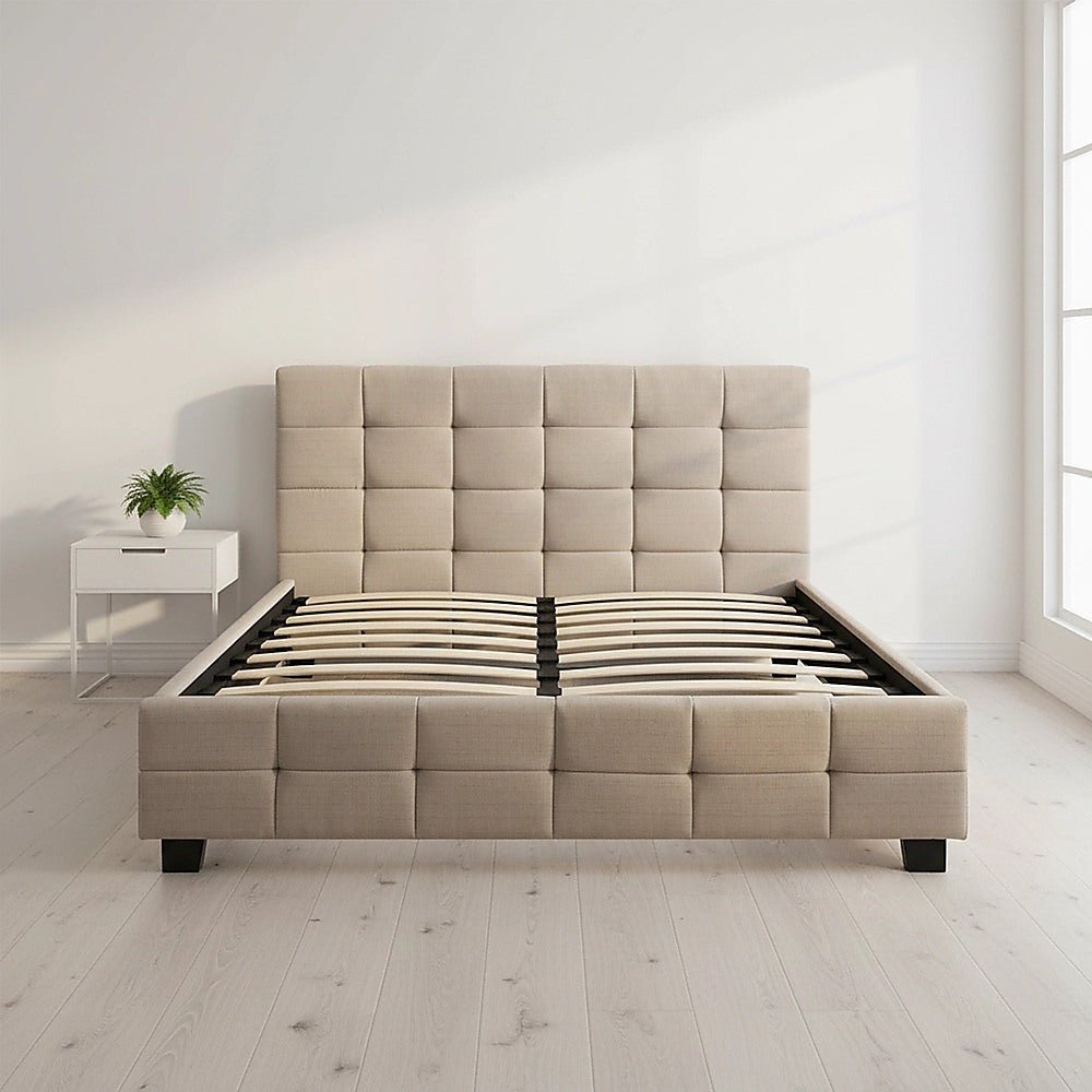 Haven Beige Queen Bed Frame | Button Tufted Linen Headboard &amp; Solid Wood | Greenora Living Australia