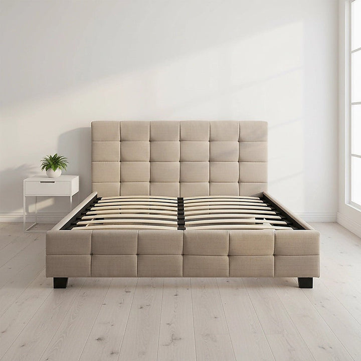 Haven Beige Queen Bed Frame | Button Tufted Linen Headboard &amp; Solid Wood | Greenora Living Australia