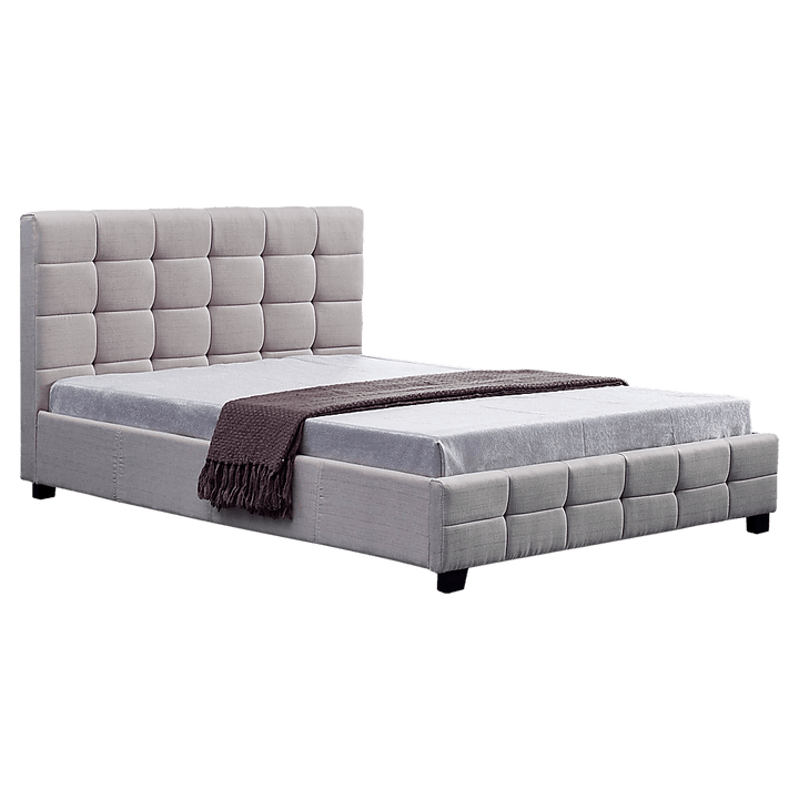 Haven Beige Queen Bed Frame | Button Tufted Linen Headboard &amp; Solid Wood | Greenora Living Australia