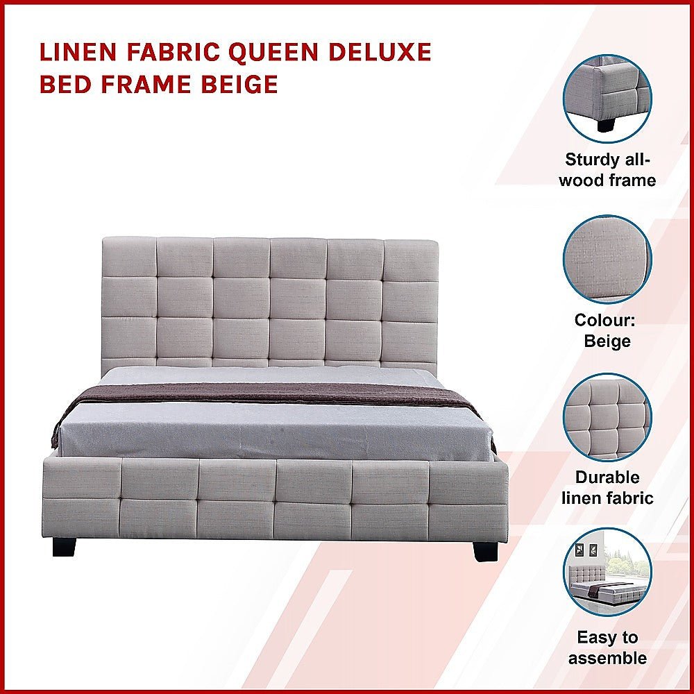 Haven Beige Queen Bed Frame | Button Tufted Linen Headboard &amp; Solid Wood | Greenora Living Australia