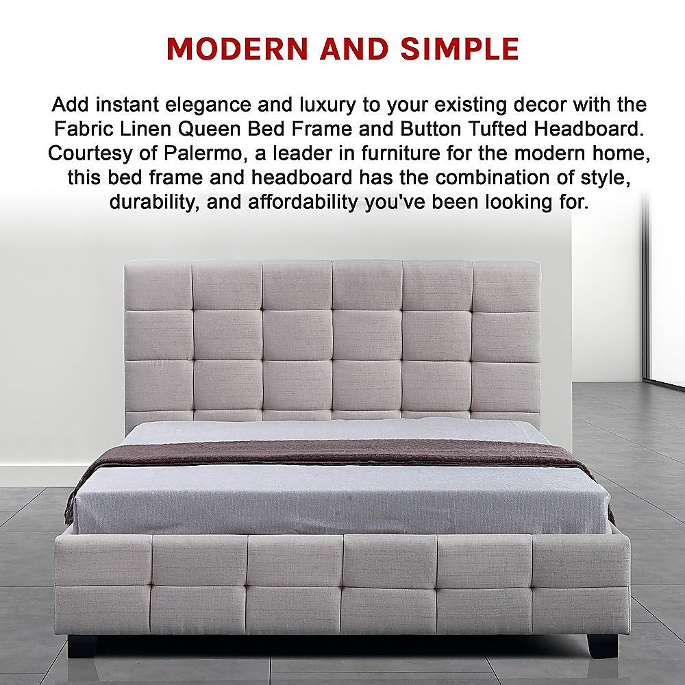 Haven Beige Queen Bed Frame | Button Tufted Linen Headboard &amp; Solid Wood | Greenora Living Australia