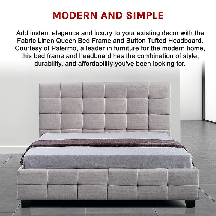 Haven Beige Queen Bed Frame | Button Tufted Linen Headboard &amp; Solid Wood | Greenora Living Australia