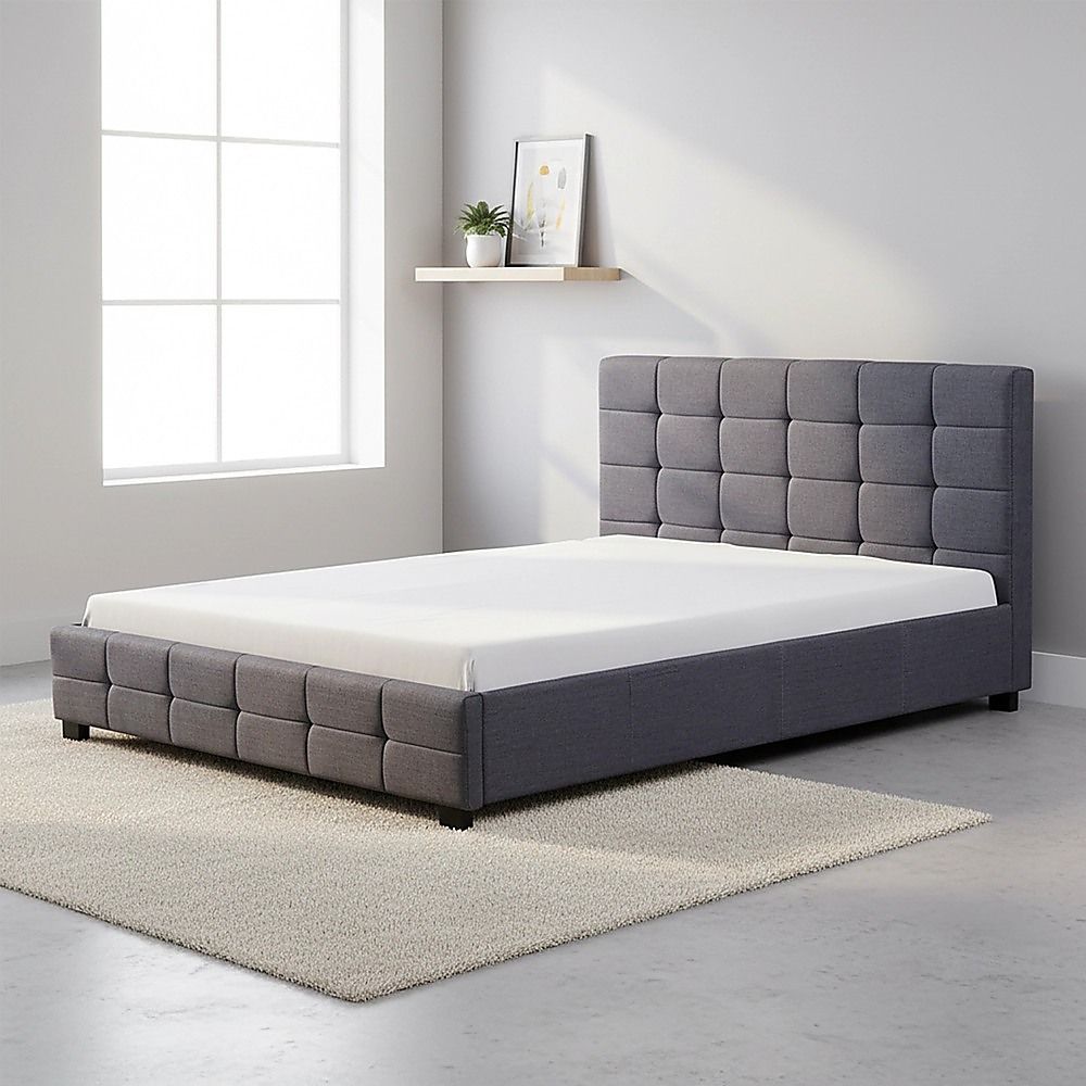 Haven Grey Queen Bed Frame | Button Tufted Linen Headboard &amp; Solid Wood | Greenora Living Australia