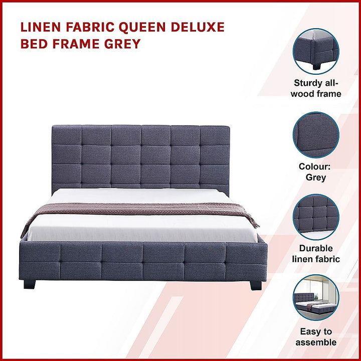 Haven Grey Queen Bed Frame | Button Tufted Linen Headboard &amp; Solid Wood | Greenora Living Australia