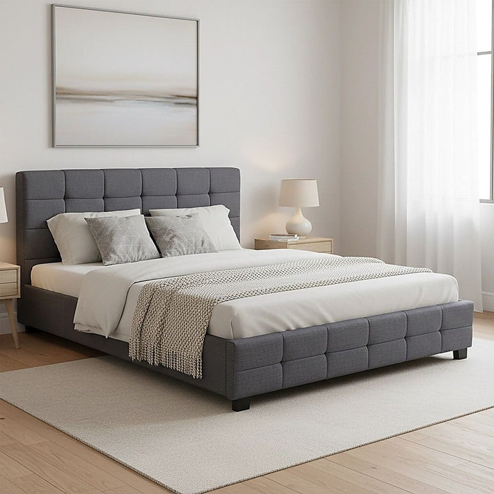 Haven Grey Queen Bed Frame | Button Tufted Linen Headboard &amp; Solid Wood | Greenora Living Australia