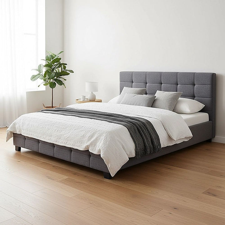 Haven Grey Queen Bed Frame | Button Tufted Linen Headboard &amp; Solid Wood | Greenora Living Australia