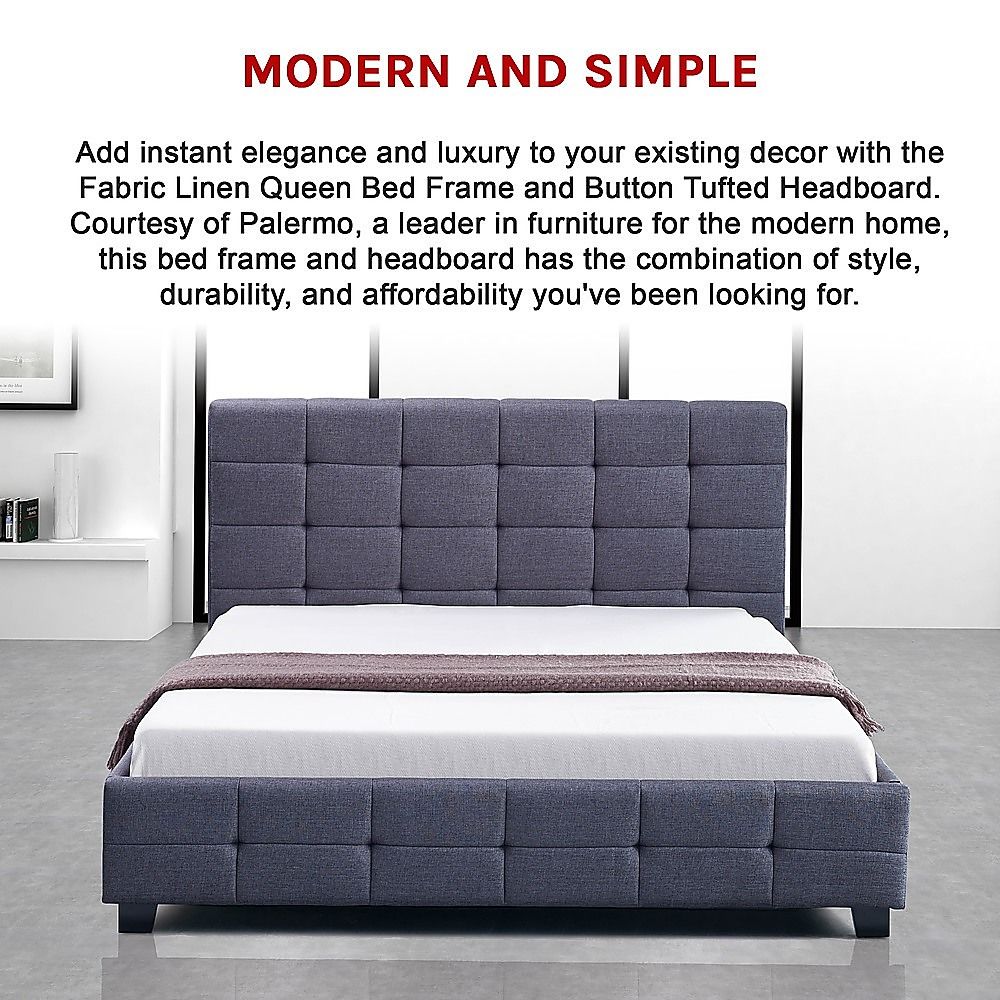 Haven Grey Queen Bed Frame | Button Tufted Linen Headboard &amp; Solid Wood | Greenora Living Australia