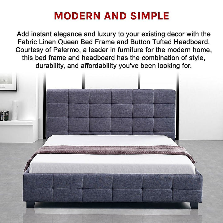 Haven Grey Queen Bed Frame | Button Tufted Linen Headboard &amp; Solid Wood | Greenora Living Australia