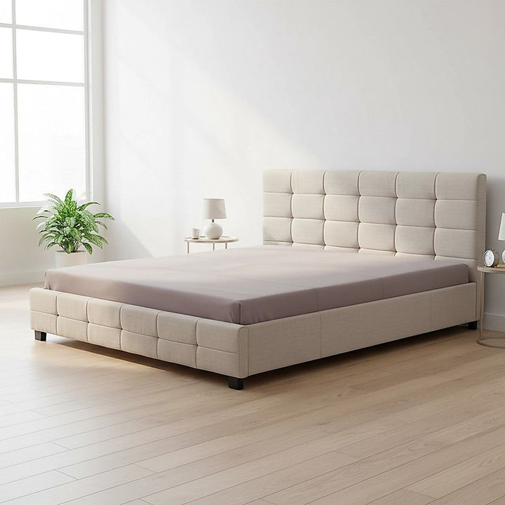 Haven Beige King Bed Frame | Button Tufted Linen Headboard &amp; Solid Wood | Greenora Living Australia