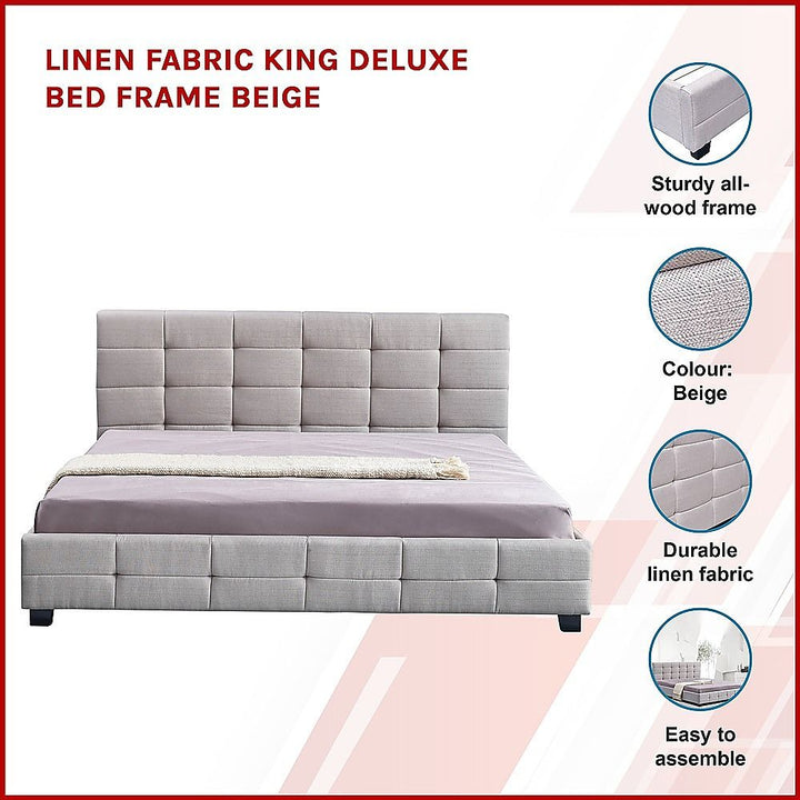 Haven Beige King Bed Frame | Button Tufted Linen Headboard &amp; Solid Wood | Greenora Living Australia