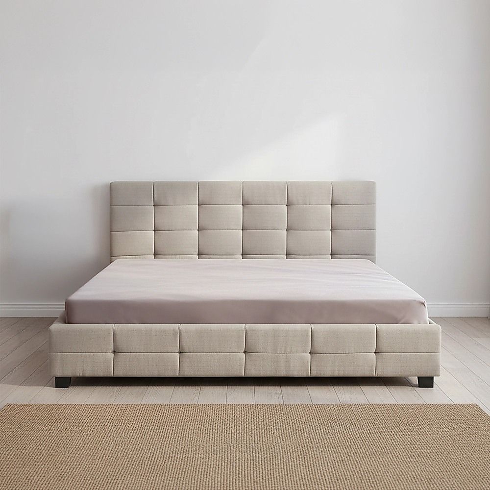 Haven Beige King Bed Frame | Button Tufted Linen Headboard & Solid Wood | Greenora Living Australia