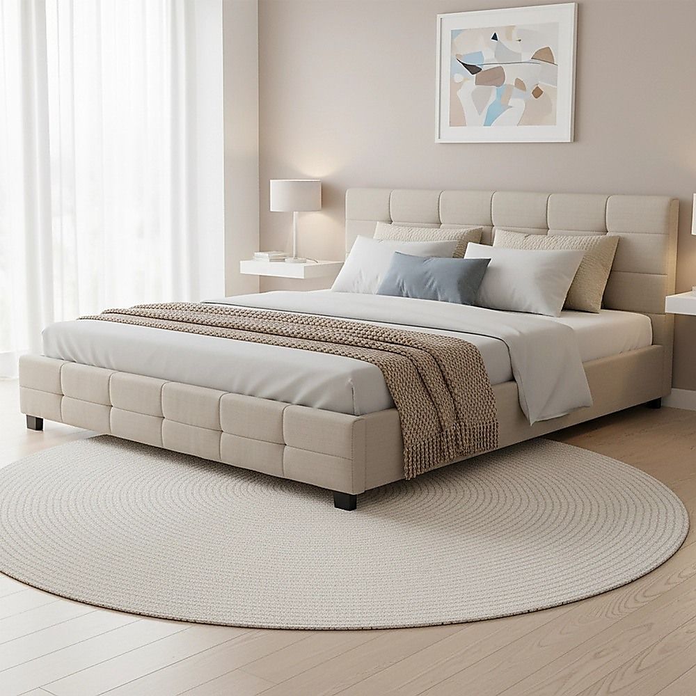 Haven Beige King Bed Frame | Button Tufted Linen Headboard & Solid Wood | Greenora Living Australia
