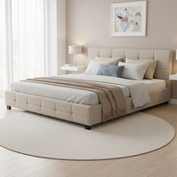 Haven Beige King Bed Frame | Button Tufted Linen Headboard & Solid Wood | Greenora Living Australia