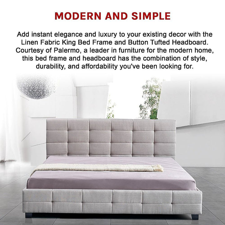 Haven Beige King Bed Frame | Button Tufted Linen Headboard &amp; Solid Wood | Greenora Living Australia
