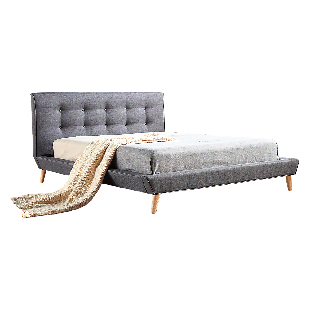 Deluxe Grey Double Bed Frame – Linen Fabric, Button-Tufted Headboard & Footboard | Solid Wood - Greenora Living