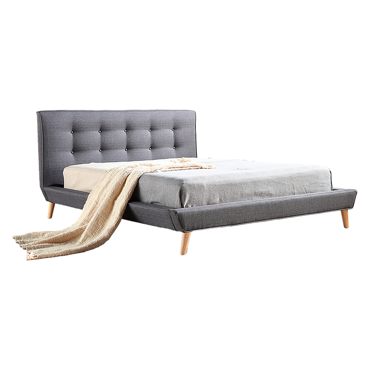 Deluxe Grey Double Bed Frame – Linen Fabric, Button-Tufted Headboard &amp; Footboard | Solid Wood - Greenora Living