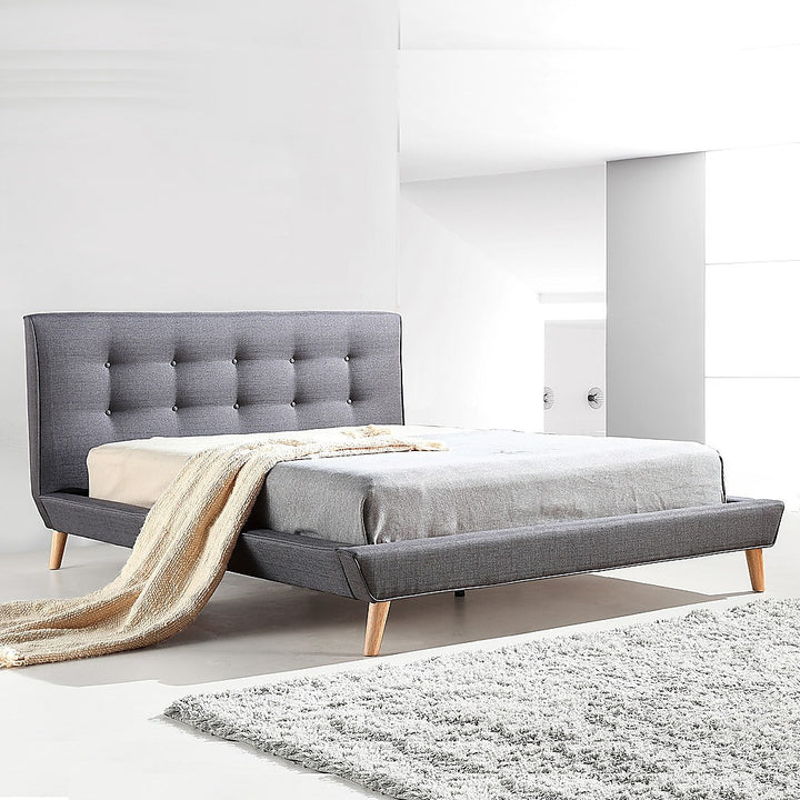 Deluxe Grey Double Bed Frame – Linen Fabric, Button-Tufted Headboard &amp; Footboard | Solid Wood - Greenora Living