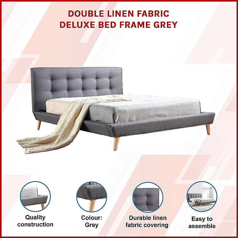 Deluxe Grey Double Bed Frame – Linen Fabric, Button-Tufted Headboard &amp; Footboard | Solid Wood - Greenora Living