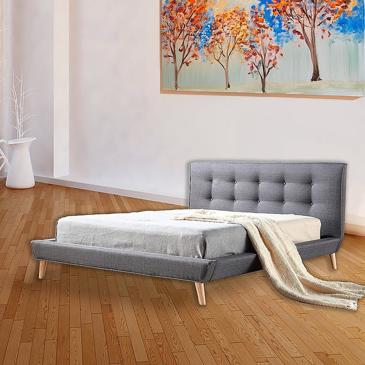 Deluxe Grey Double Bed Frame – Linen Fabric, Button-Tufted Headboard &amp; Footboard | Solid Wood - Greenora Living