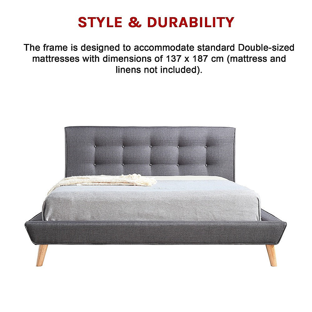 Deluxe Grey Double Bed Frame – Linen Fabric, Button-Tufted Headboard &amp; Footboard | Solid Wood - Greenora Living