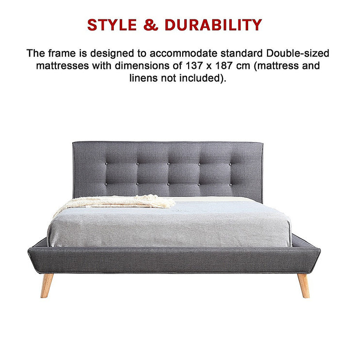 Deluxe Grey Double Bed Frame – Linen Fabric, Button-Tufted Headboard &amp; Footboard | Solid Wood - Greenora Living