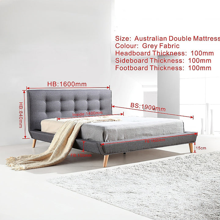 Deluxe Grey Double Bed Frame – Linen Fabric, Button-Tufted Headboard &amp; Footboard | Solid Wood - Greenora Living