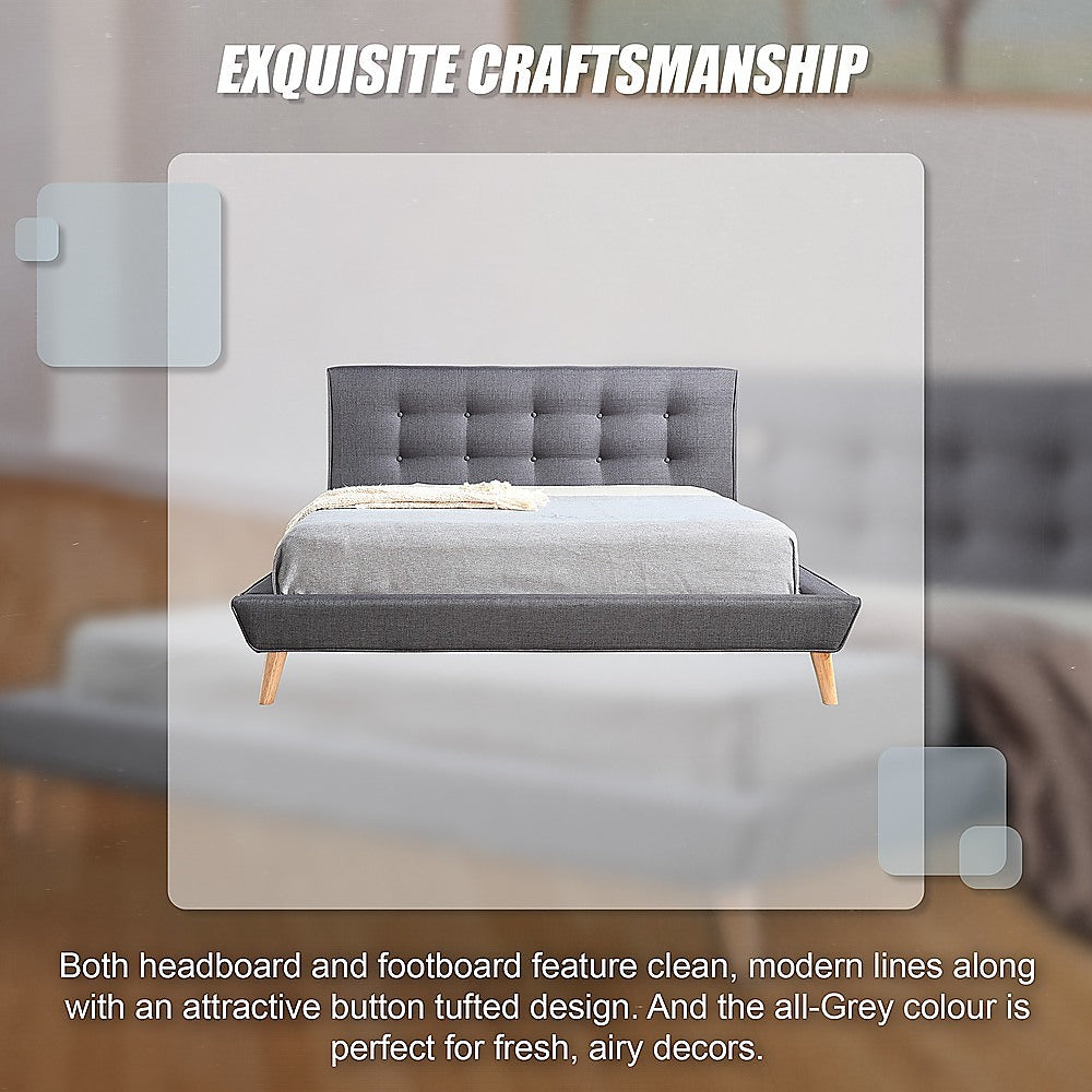 Deluxe Grey Double Bed Frame – Linen Fabric, Button-Tufted Headboard &amp; Footboard | Solid Wood - Greenora Living