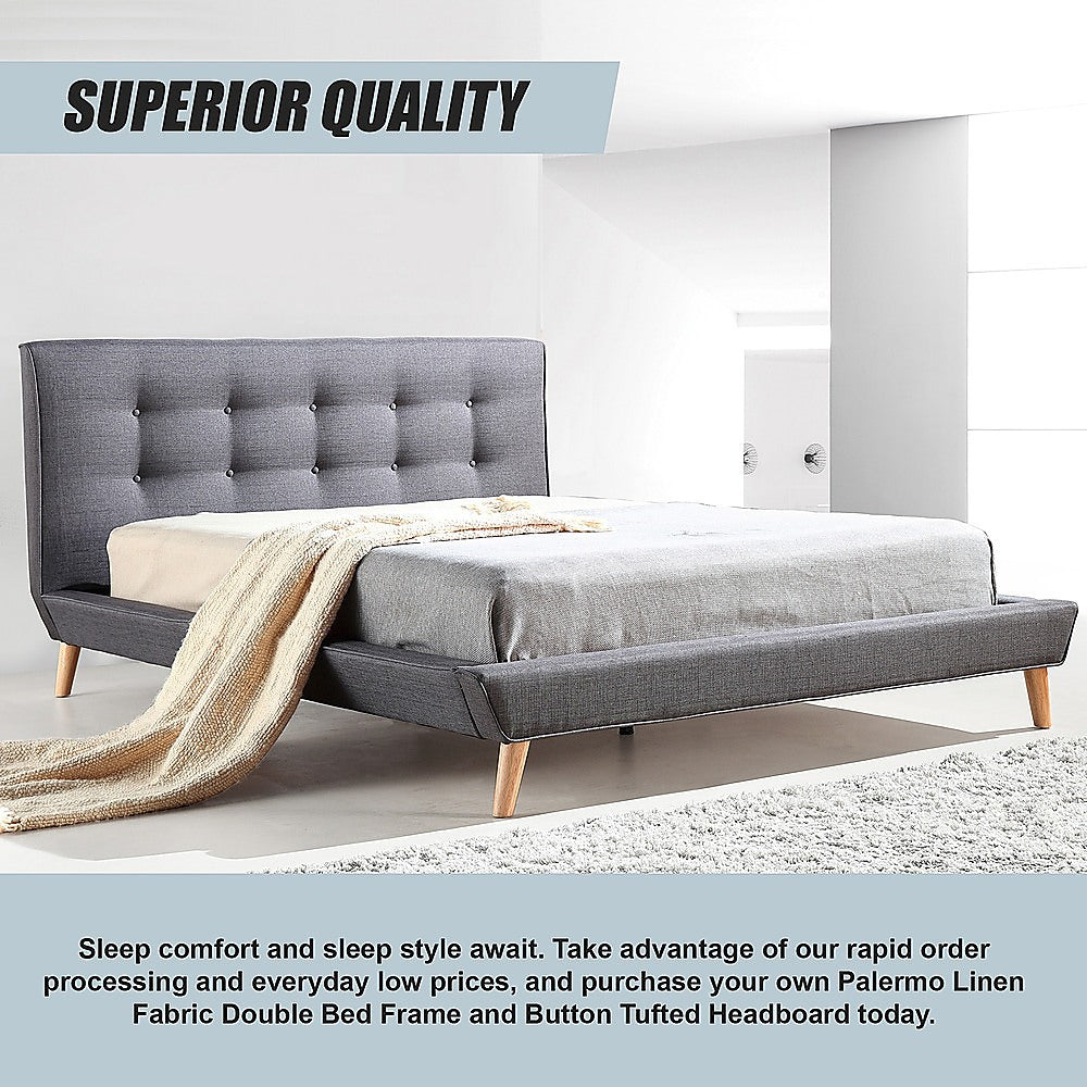 Deluxe Grey Double Bed Frame – Linen Fabric, Button-Tufted Headboard &amp; Footboard | Solid Wood - Greenora Living