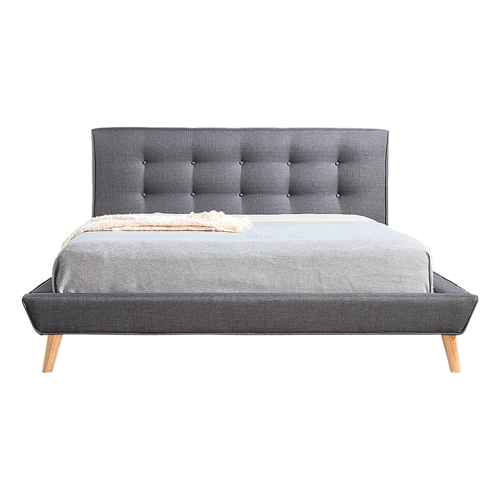 Deluxe Grey Double Bed Frame – Linen Fabric, Button-Tufted Headboard &amp; Footboard | Solid Wood - Greenora Living
