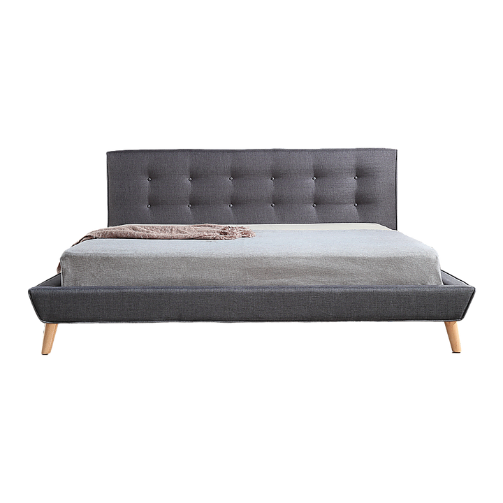 Deluxe Grey King Bed Frame – Linen Fabric, Button-Tufted Headboard &amp; Footboard | Solid Wood - Greenora Living