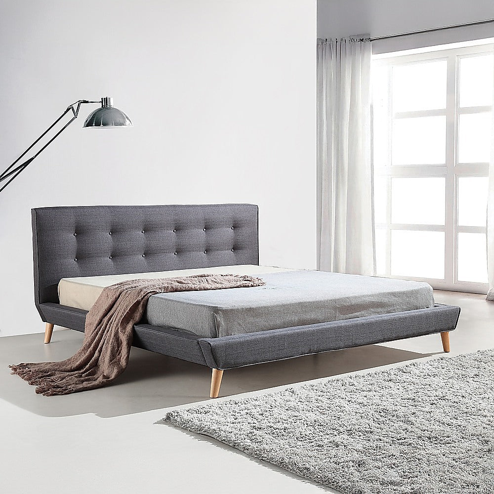Deluxe Grey King Bed Frame – Linen Fabric, Button-Tufted Headboard & Footboard | Solid Wood - Greenora Living