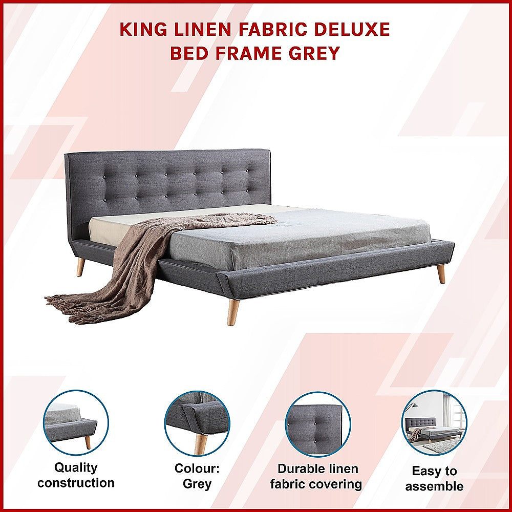 Deluxe Grey King Bed Frame – Linen Fabric, Button-Tufted Headboard &amp; Footboard | Solid Wood - Greenora Living