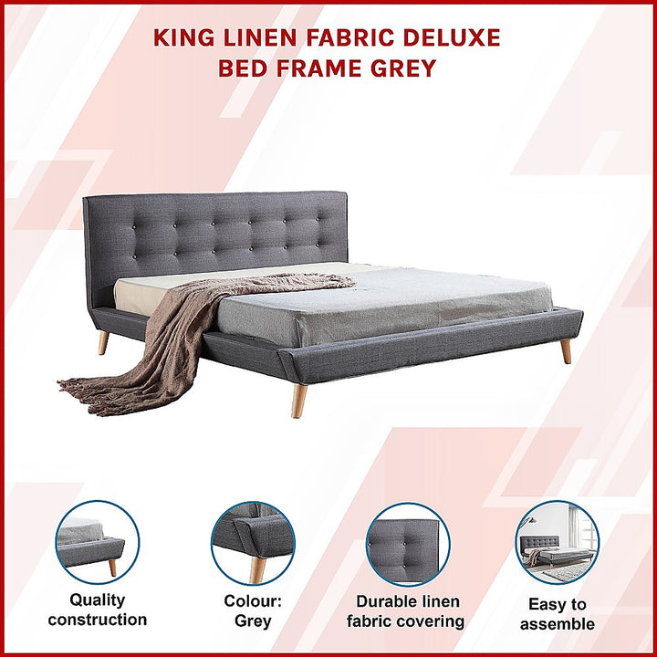 Deluxe Grey King Bed Frame – Linen Fabric, Button-Tufted Headboard &amp; Footboard | Solid Wood - Greenora Living