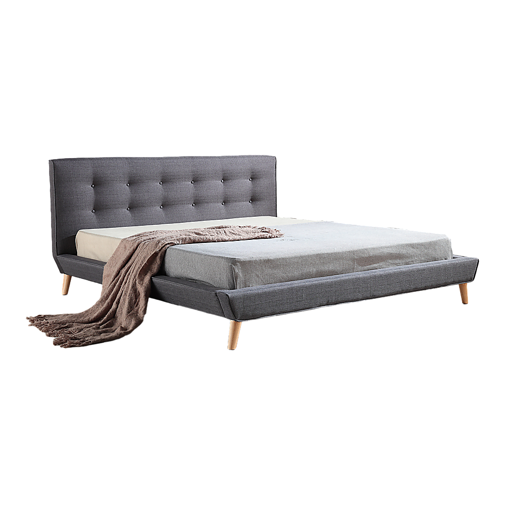 Deluxe Grey King Bed Frame – Linen Fabric, Button-Tufted Headboard &amp; Footboard | Solid Wood - Greenora Living