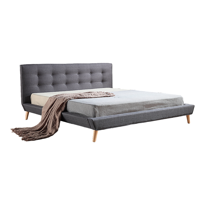 Deluxe Grey King Bed Frame – Linen Fabric, Button-Tufted Headboard &amp; Footboard | Solid Wood - Greenora Living