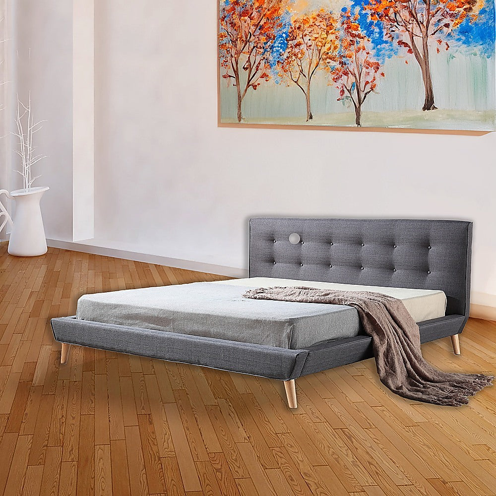 Deluxe Grey King Bed Frame – Linen Fabric, Button-Tufted Headboard &amp; Footboard | Solid Wood - Greenora Living