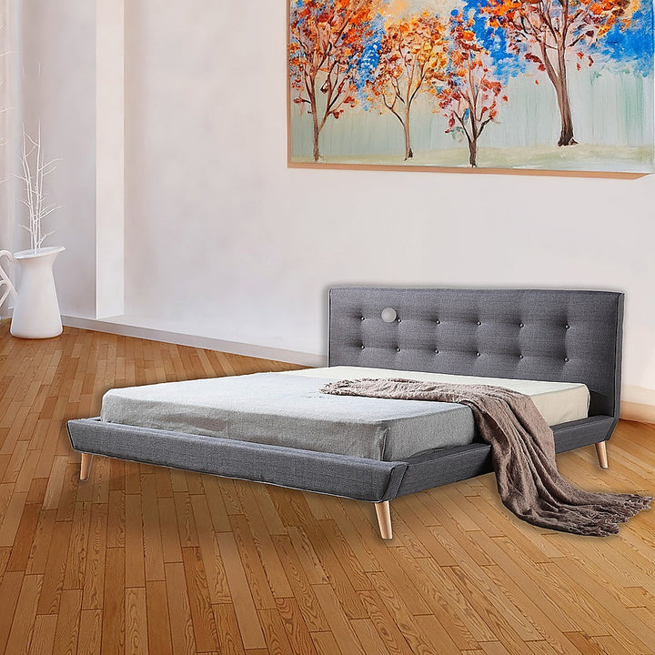 Deluxe Grey King Bed Frame – Linen Fabric, Button-Tufted Headboard &amp; Footboard | Solid Wood - Greenora Living