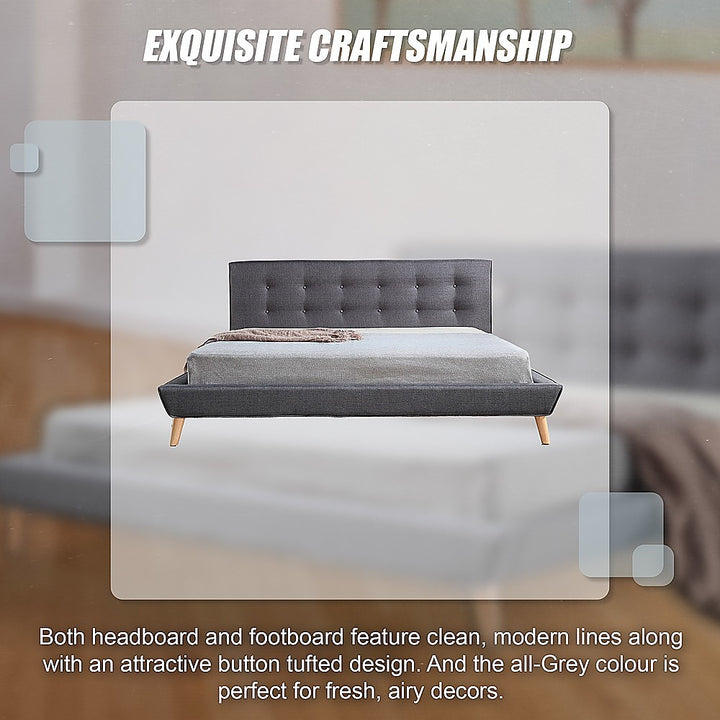 Deluxe Grey King Bed Frame – Linen Fabric, Button-Tufted Headboard &amp; Footboard | Solid Wood - Greenora Living