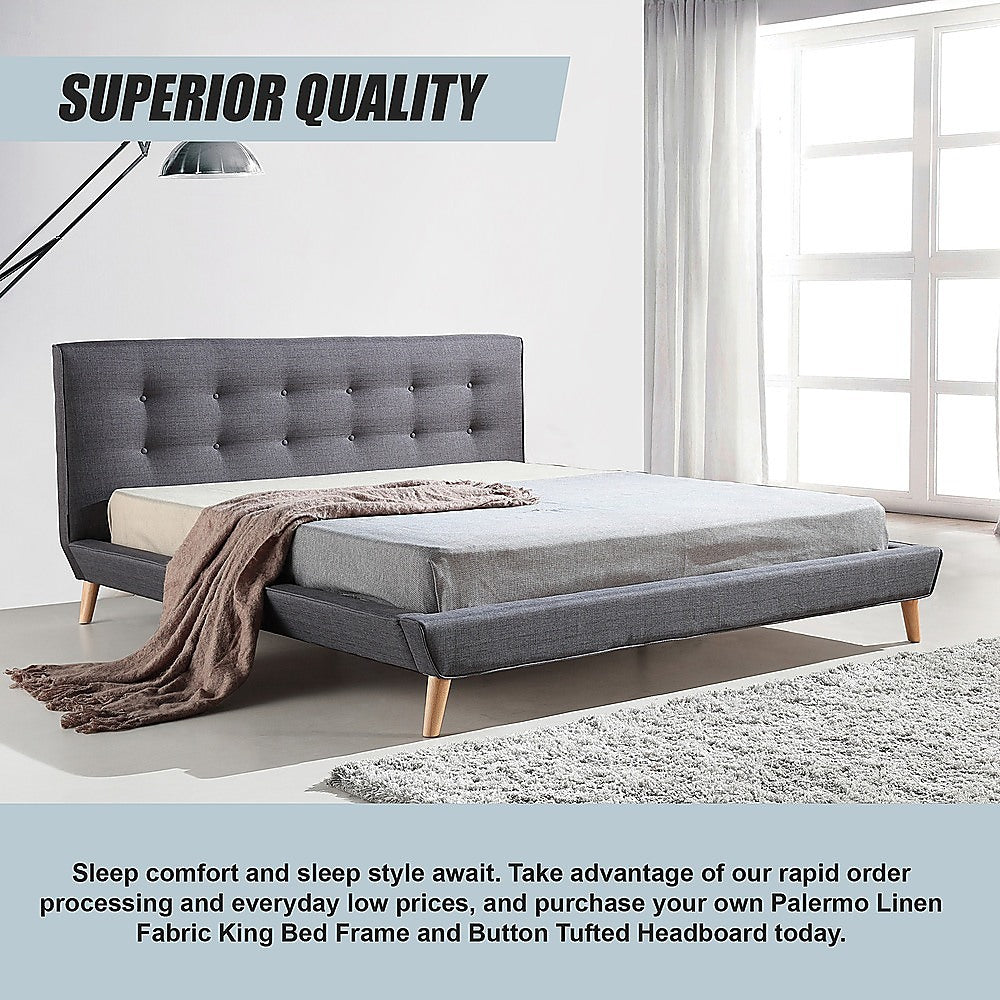 Deluxe Grey King Bed Frame – Linen Fabric, Button-Tufted Headboard &amp; Footboard | Solid Wood - Greenora Living