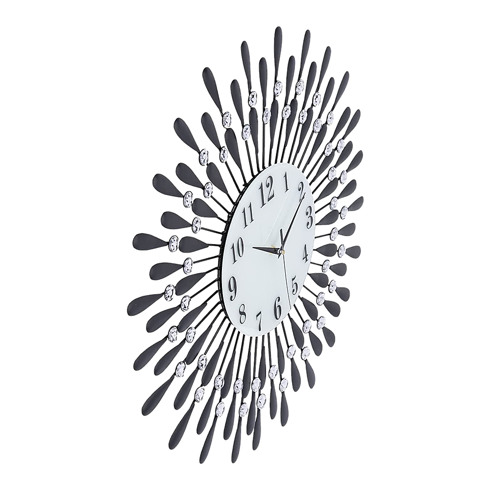 70cm Sunburst Wall Clock Crystal Rays Silent Quartz Black - Greenora Living