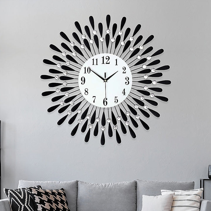 70cm Sunburst Wall Clock Crystal Rays Silent Quartz Black - Greenora Living