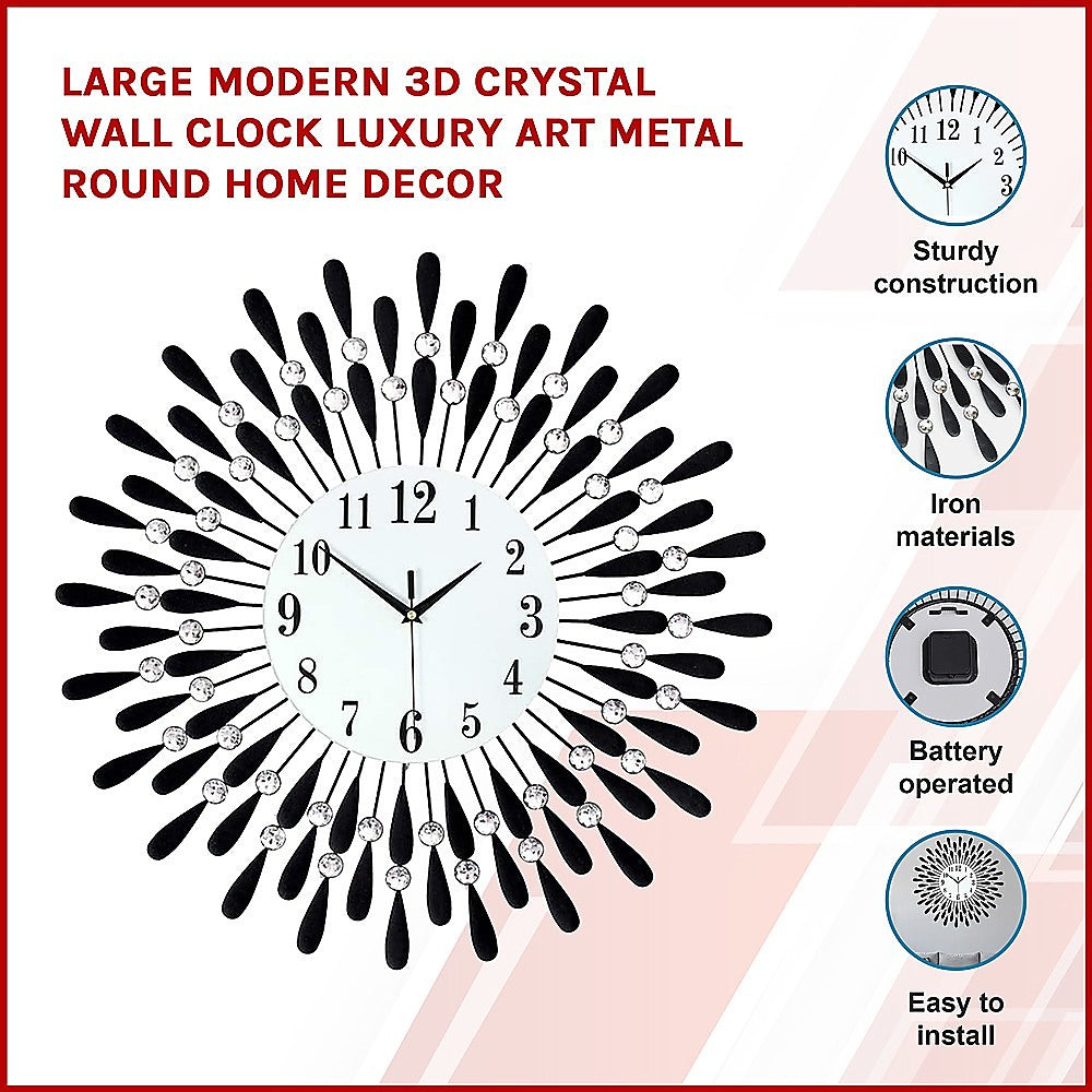 70cm Sunburst Wall Clock Crystal Rays Silent Quartz Black - Greenora Living